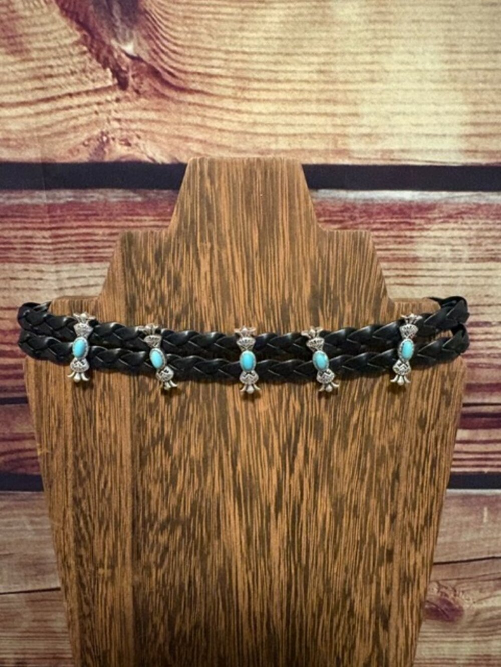 Western Black Braided Faux Leather Choker Necklace with Turquoise Charm NWT